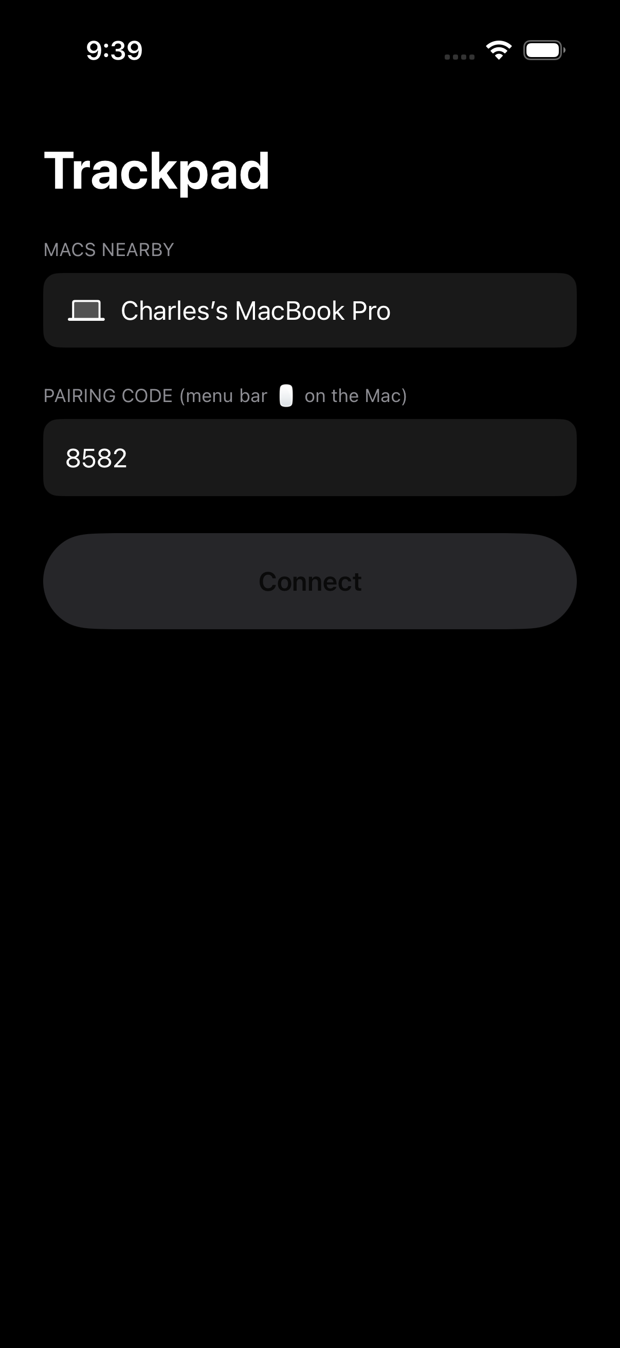 The connect screen: Charles’s MacBook Pro discovered under Macs Nearby, with a pairing code field.