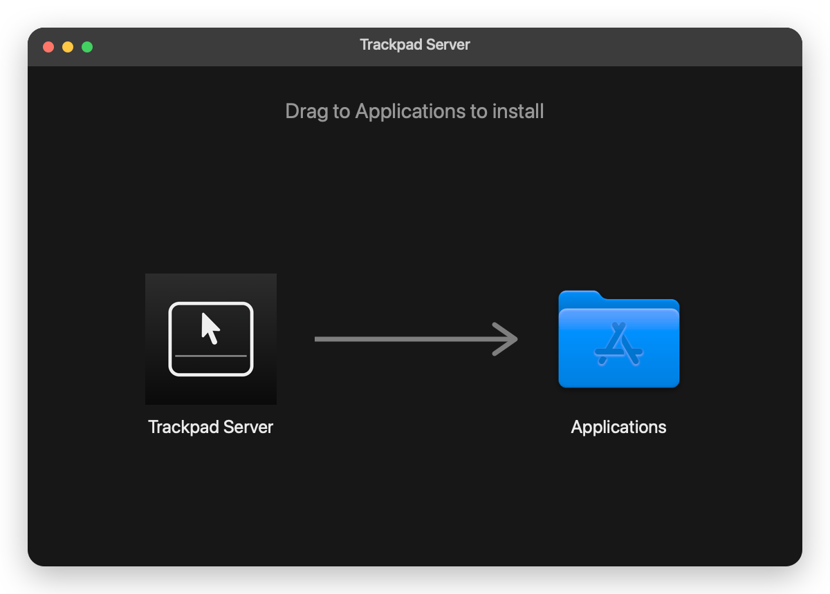 The Trackpad Server installer window: drag the app onto the Applications folder.